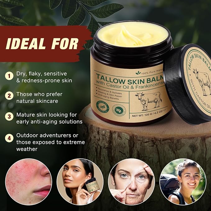 100% Grass-Fed Tallow, Organic Castor & Frankincense Oil Face Balm - Age-Defying Moisturizer for Sensitive & Dry Skin, Repairs Skin Barrier, Handmade for Face & Body, 4.2oz