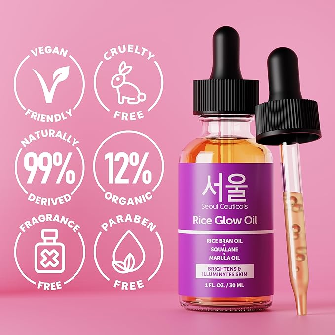 SeoulCeuticals Rice Bran Oil for Skin - Korean Skin Care Facial Glow Oil With Squalane & Vitamin E - Cruelty Free K Beauty Skincare 1oz
