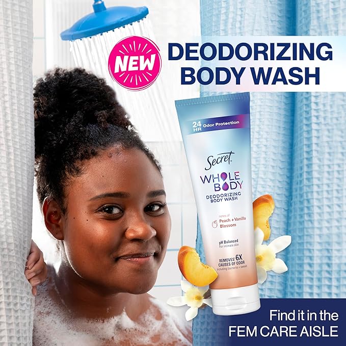 Secret Feminine Wash, 24 HR Deodorizing Feminine Body Wash for Women, Removes 6x Causes of Odor, PH Balanced, Safe to Use Everywhere, Peach & Vanilla Blossom Scent, 8.0 oz, (Pack of 2)