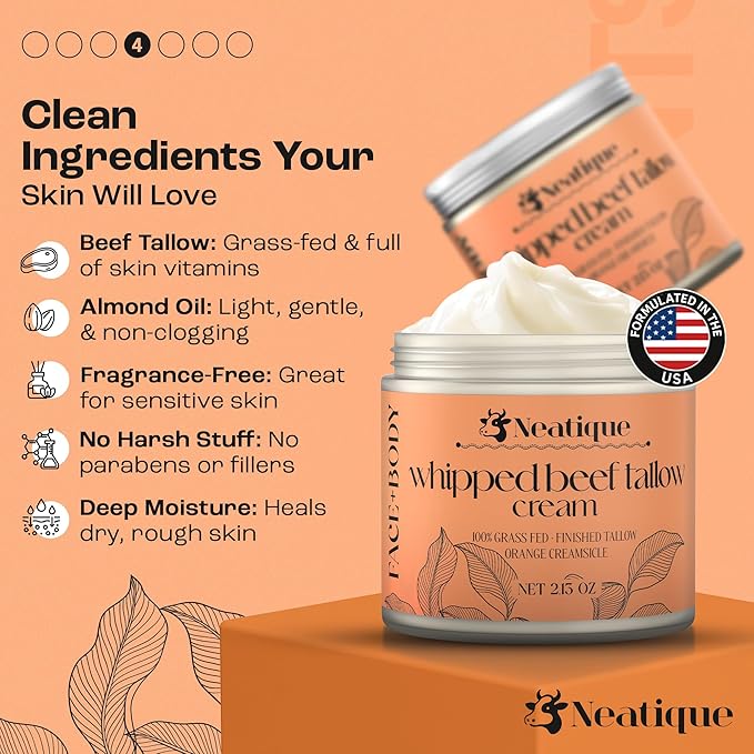 100% Grass Fed Beef Tallow for Skin Care Face & Body | Whipped Moisturizer for Skin | with Organic Beeswax & Organic Honey Balm | All Natural Formula, 2.13oz (2.13 Ounce, Orange)