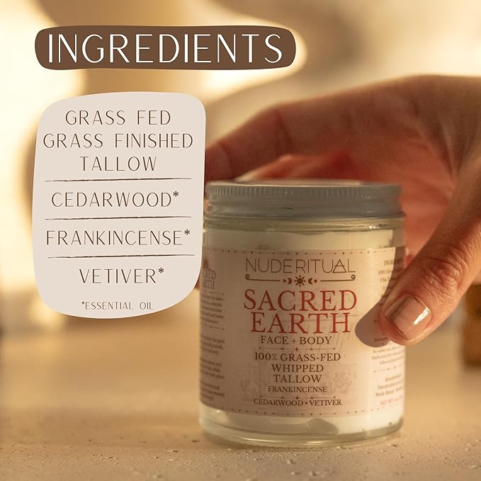 100% Grass-Fed Whipped Tallow Balm for Skin Care – Face + Body – Natural Moisturizer Lotion, 4 oz (Sacred Earth)
