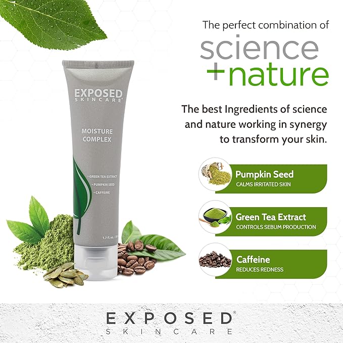 Exposed Skin Care, Moisture Complex Oil-Free Daily Face Moisturizer For Women and Men – Non-Comedogenic Lightweight Hydrating Gel with Green Tea, Pumpkin Seed and Caffeine for Oily, Acne-Prone Skin