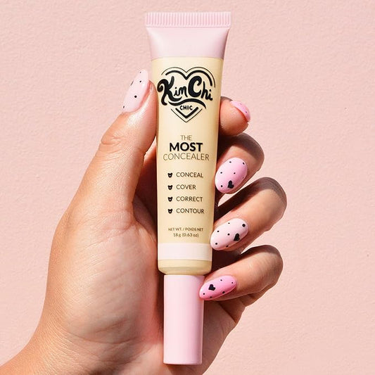 KimChiChic Beauty The Most Concealer | Full Coverage Water Resistant Multi-Use Concealer | Conceal, Correct, Contour & Highlight | Matte Satin Hybrid Finish | Brush Applicator, 0.63 oz, 27-Pale