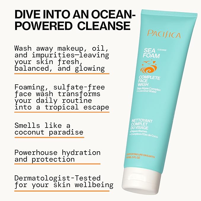Pacifica Beauty Sea Foam Face Wash, Daily Gentle Foaming Cleanser, With Coconut Water + Sea Algae, Removes Makeup, For Combination and Oily Skin, Vegan & Cruelty Free