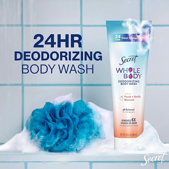 Secret Feminine Wash, 24 HR Deodorizing Feminine Body Wash for Women, Removes 6x Causes of Odor, PH Balanced, Safe to Use Everywhere, Peach & Vanilla Blossom Scent, 8.0 oz, (Pack of 2)