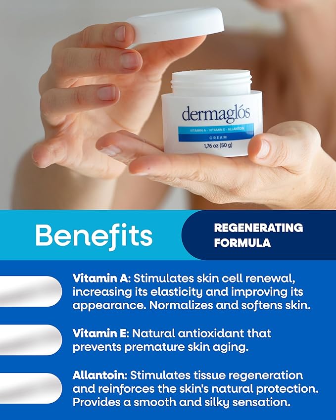 Dermaglos Moisturizing Cream | Vitamin A (Retinoids), Vitamin E & Allantoin | Rich Moisturizer for Wrinkles, Stretch Mark Prevention, Tattoo Aftercare, Scar cream, Hydration for Smooth Skin | 1,76 oz