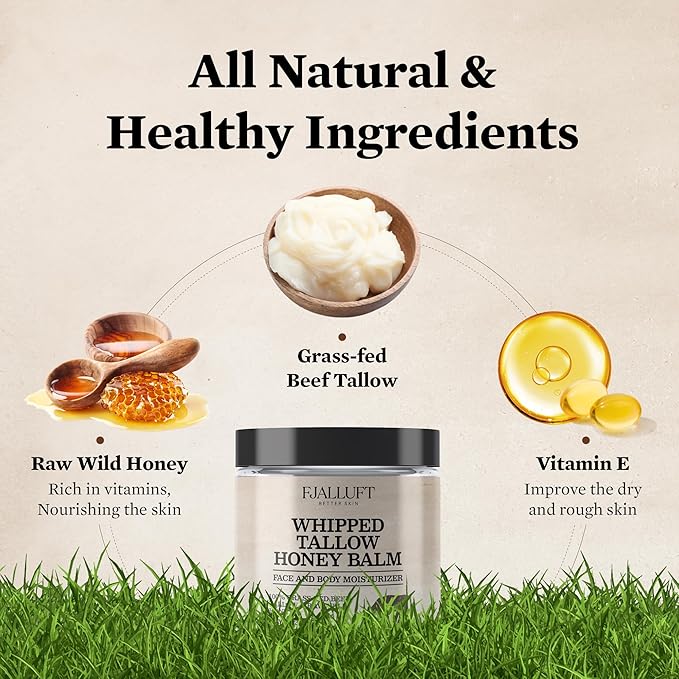 Beef Tallow and Honey Balm Moisturiser, Whipped Grass Fed with Raw Honey and Olive Oil, Anti-Aging Facial Cream, Unscented, 3 Ounce (small)