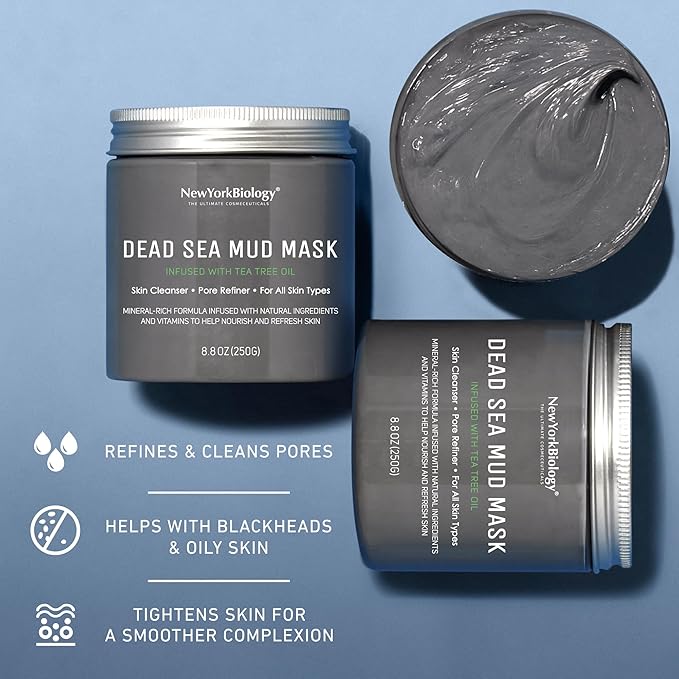 New York Biology Dead Sea Mud Mask for Face and Body | with Tea Tree | Spa Quality Pore Refiner for Oily Skin | Natural Skincare for Women & Men | Tighten Skin for A Healthier Complexion | 8.8 oz