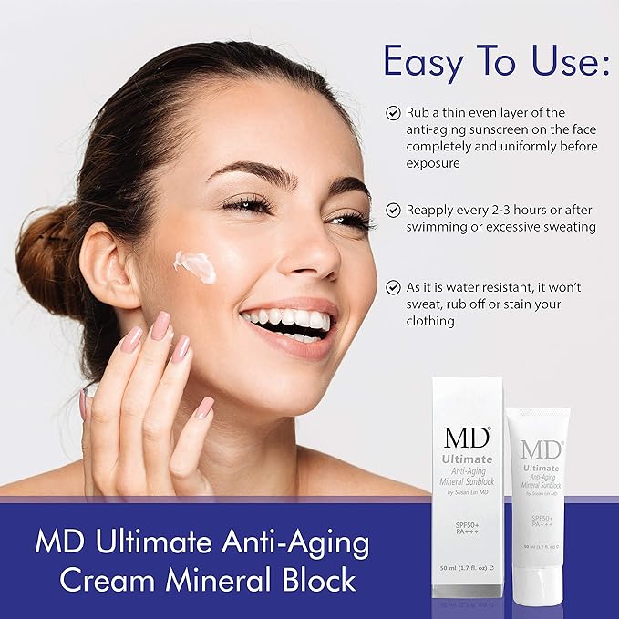 MD Ultimate Anti-Aging Tinted Mineral Sunscreen SPF 50 - Flesh-Colored Zinc and Titanium Sunblock - Pore-Minimizing Matte Primer for Men and Women - Smear-Proof and Waterproof, 1.7oz
