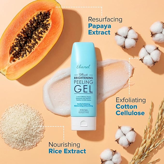 Ebanel Brightening Peeling Gel with Cotton Cellulose, Rice, Papaya, Centella, Hyaluronic Acid for Face and Body, Gentle Exfoliating Face Scrub Gel Peel Wash, Deep Pore Cleanser Minimizer Exfoliator