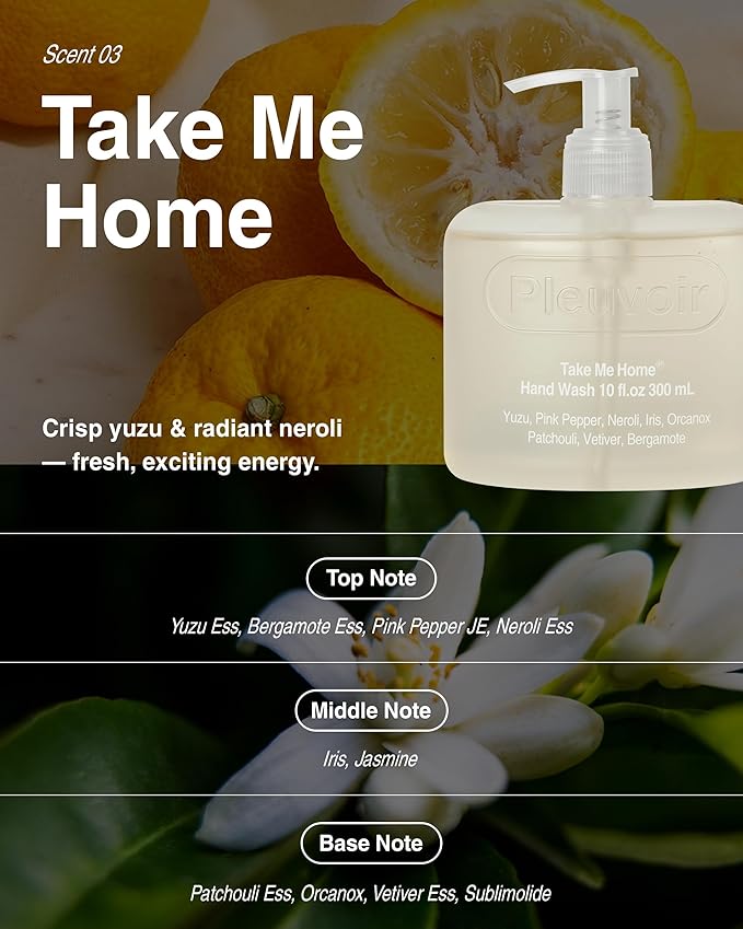 Pleuvoir Take Me Home: Hand Cream & Hand Wash Set | Yuzu Neroli Citrus Floral Korean Skincare | Hydrating Vegan K-Beauty | 1oz + 10 fl.oz