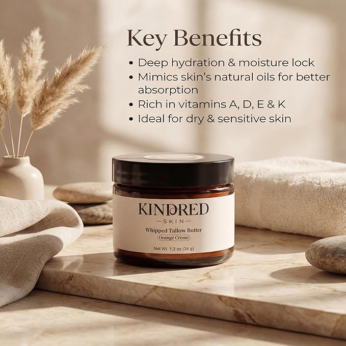 Kindred Skin Whipped Tallow Body Butter – Made with Grass-Fed Beef Tallow – Hydrating Face & Body Moisturizer for Dry, Sensitive Skin – Clean, Non-Greasy Skincare – Orangé Crème, 1.2 oz