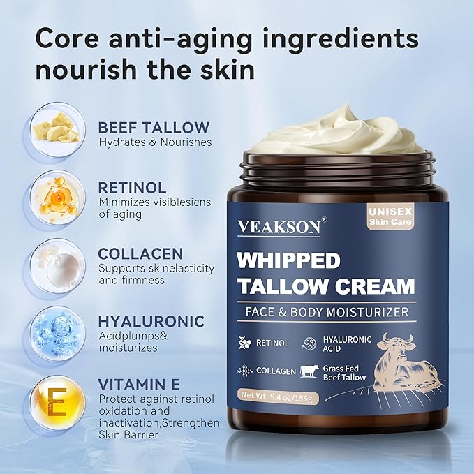 Beef Tallow for Skin, Grass Fed Whipped Beef Tallow and Honey Balm with Anti Aging Retinol, Collagen, Hyaluronic Acid for Face & Body, Wrinkle Skin Care Facial Moisturizer for Women & Men, 5.4 Oz
