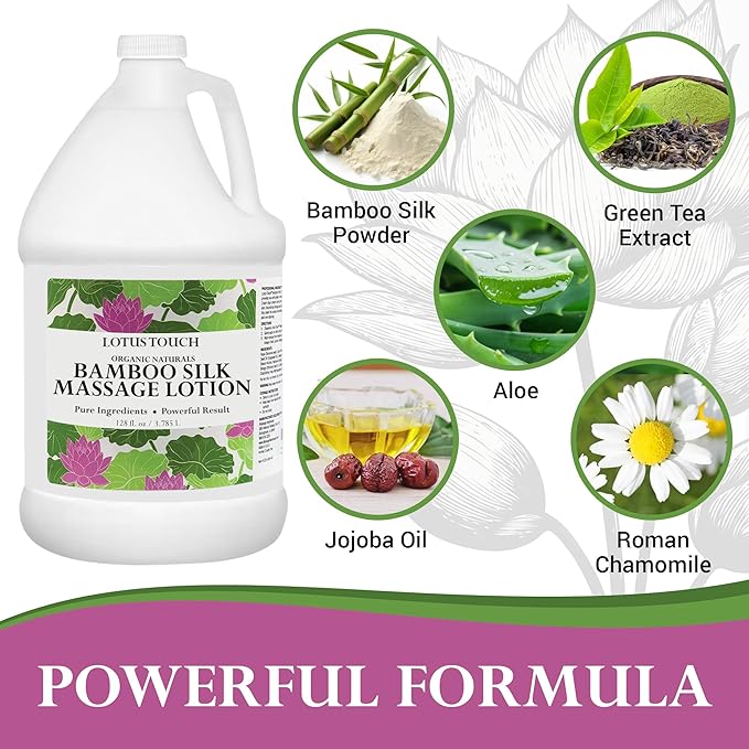 Organic Naturals Bamboo Silk Massage Lotion by Lotus Touch - 100% Pure Bamboo Silk Powder, Green Tea Extract & Aloe Vera - Unscented - Moisturizing, Fast Absorbing - Soft, Silky Glide - 1 Gallon