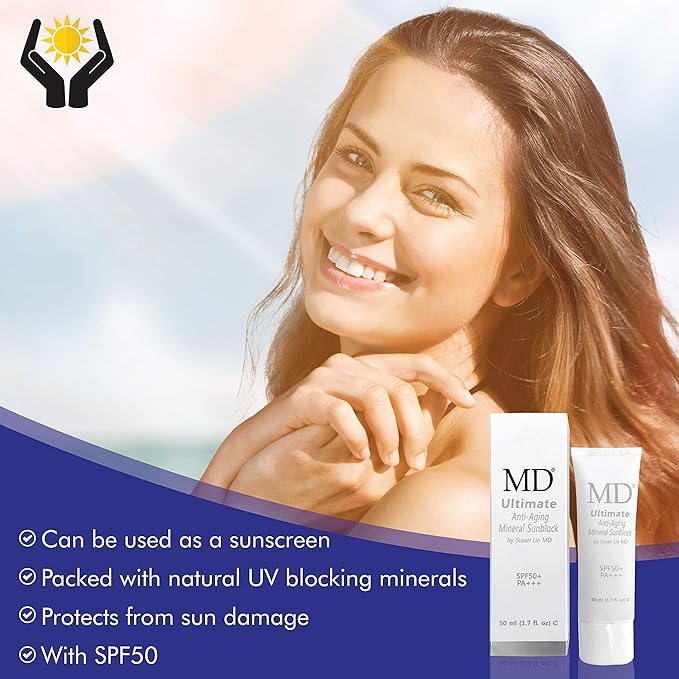MD Ultimate Anti-Aging Tinted Mineral Sunscreen SPF 50 - Flesh-Colored Zinc and Titanium Sunblock - Pore-Minimizing Matte Primer for Men and Women - Smear-Proof and Waterproof, 1.7oz