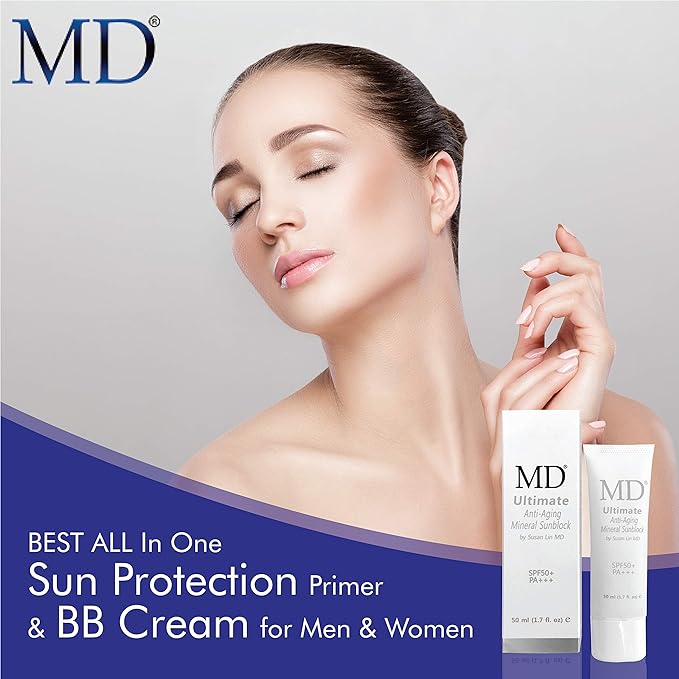 MD Ultimate Anti-Aging Tinted Mineral Sunscreen SPF 50 - Flesh-Colored Zinc and Titanium Sunblock - Pore-Minimizing Matte Primer for Men and Women - Smear-Proof and Waterproof, 1.7oz