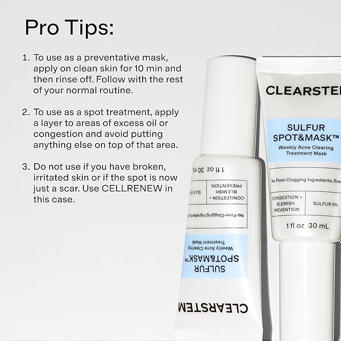 CLEARSTEM SULFUR SPOT&MASK Face Mask for Acne - Sulfur Spot Cleanser Facial Mask - Weekly Acne Face Mask for Clear & Smooth Skin - Made with Kaolin Clay & Glycolic to Reduce Blackheads & Blemishes