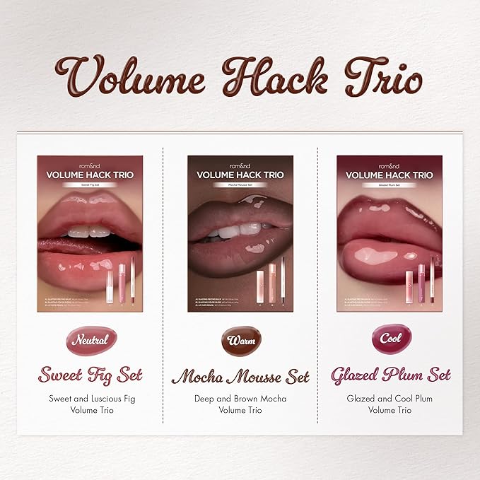 rom&nd Volume Hack Trio Sweet Fig Set | Korean Lip Combo for Plump, Hydrated & Glossy Lips | 3-in-1 Kit