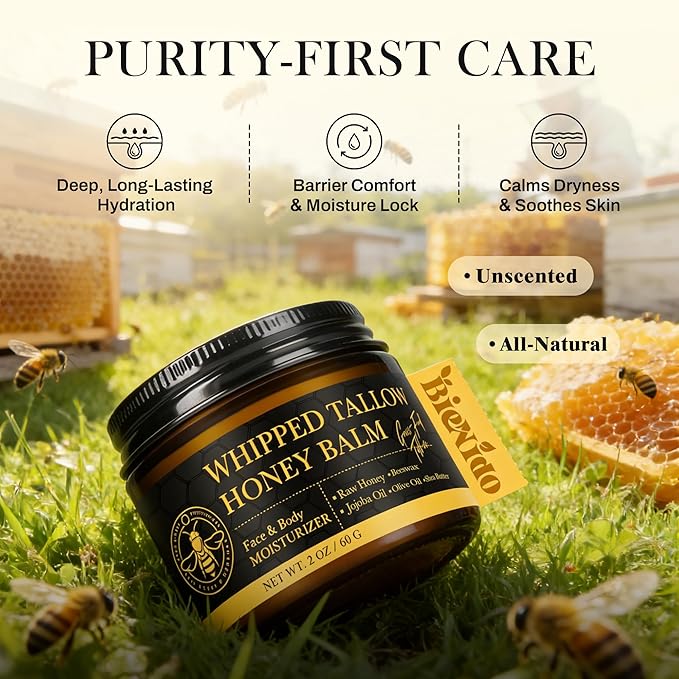 Organic Grass-Fed Tallow Balm for Face: Whipped Beef Tallow Cream with Raw Honey for Sensitive and Dry Skin, Natural Formula for Soothing & Deep Hydration