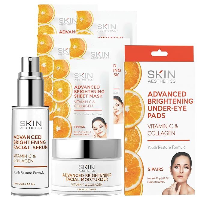 Vitamin C & Collagen Set – Dermatologist Tested, Anti Aging, Korean Skin Care – Firms, Smooths, Hydrates and Revitalizes Tone– Vegan, Clean Beauty – Serum, Moisturizer, Mask & Eye Pads