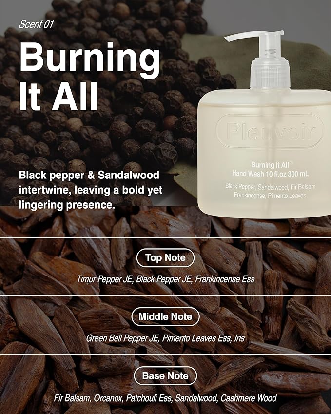 Pleuvoir Hand Wash Burning It All - Hydrating Liquid Hand Soap - Black Pepper Sandalwood Scent - Moisturizing with Hyaluronic Acid, Ceramides - Vegan, K-Beauty 10 fl.oz