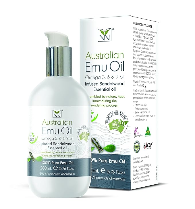 Y Not Natural Pure Emu Oil - Organic Moisture for Face, Body, Hair, Scalp & Nails - Rich in Omega 3-6-9, Vitamins & Essential Minerals - Australian Emu Oil (200ml) 6.76 fl oz - Sandalwood
