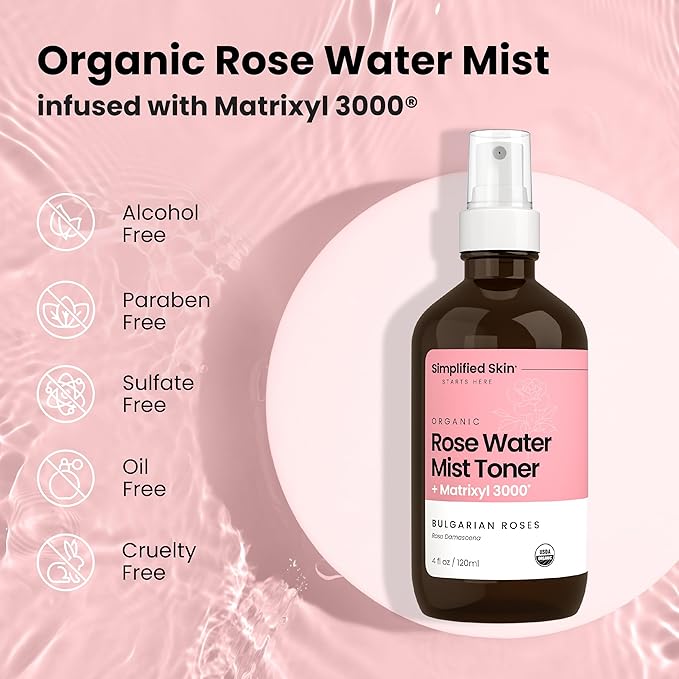 Rose Water Spray for Face with Matrixyl 3000 - Organic Rosewater Face Mist with Aloe Vera & Hyaluronic Acid - Hydrating, Reduces Fine Lines, Boosts Collagen Production, & Soothes Skin - 4 Fl Oz