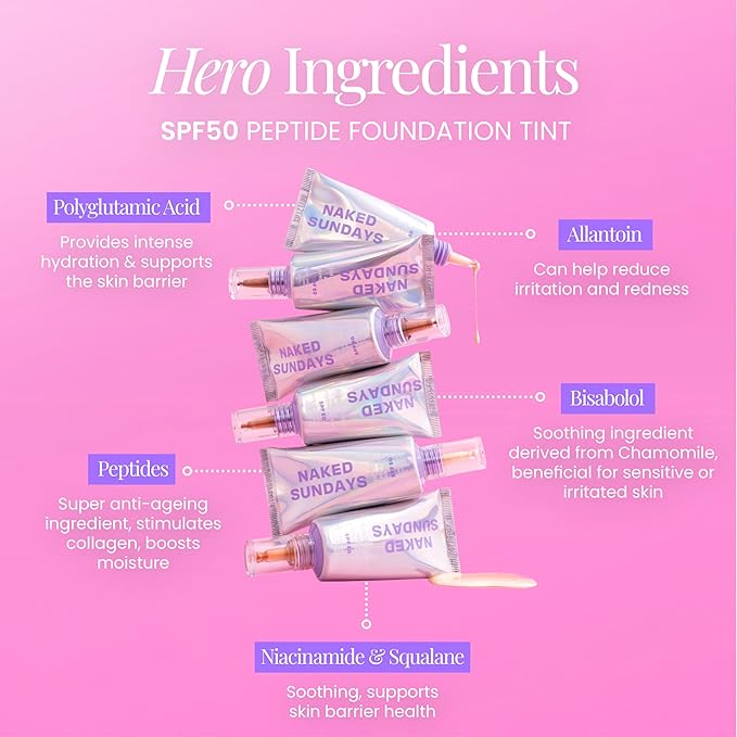 Naked Sundays BeautyScreen™ SPF 50 Peptide Foundation Tint – Tinted Sunscreen & Skincare Makeup with Zinc Oxide, Niacinamide – Lightweight Natural Coverage, 1.5 Fair Cool, 1.01 Oz