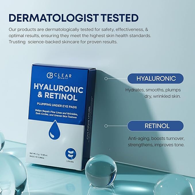 Clear Beauty Hyaluronic Acid & Retinol Under Eye Patches – Hydrating & Firming Eye Pads for Puffy Eyes & Dark Circles – Dermatologist Tested, Anti-Aging Korean Skin Care – Clean Beauty – 5 Pairs