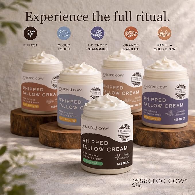 SACRED COW 100% Pure Organic Grass Fed Beef Tallow for Skin Care, Face Moisturizer, Body Butter, Hand Cream - Natural Whipped Tallow & Honey Balm Lotion Cream - Made in the USA - 4oz (UNSCENTED)