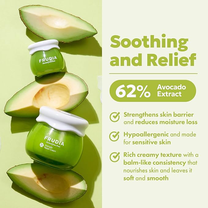 FRUDIA Avocado Relief Face Cream (1.94 oz) – Soothing and Calming Korean Face Moisturizer w/62% Avocado Extract, Panthenol & Madecassoside for Dry, Sensitive Skin | Vegan & Cruelty Free