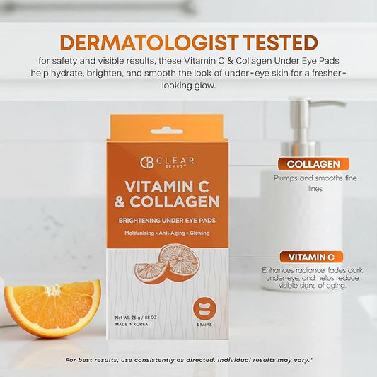 Clear Beauty Vitamin C & Collagen Under Eye Patches – Firming & Hydrating Eye Pads For Dark Circles & Puffiness – Dermatologist Tested, Anti-Aging Korean Skin Care – Clean Beauty, Non-GMO – 5 Pairs