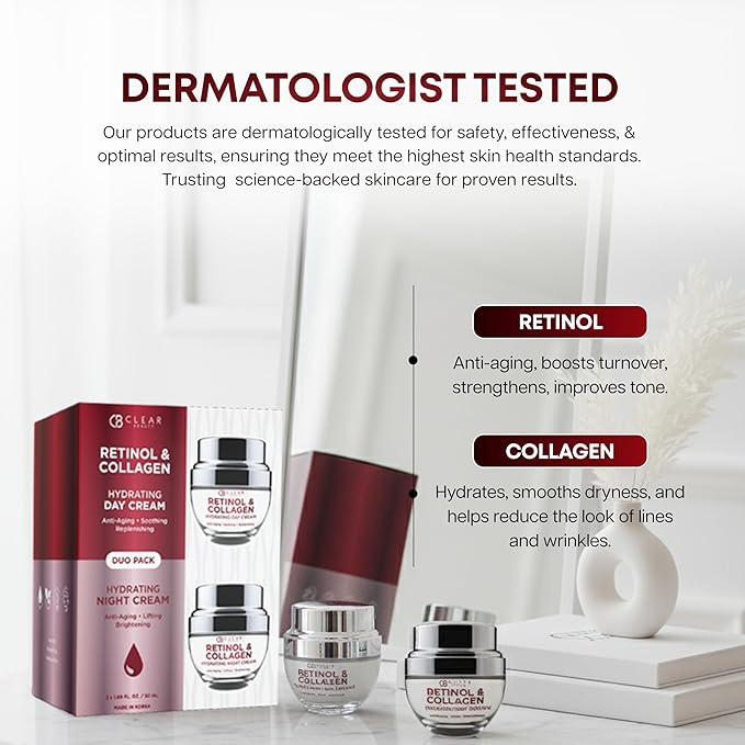 Clear Beauty Retinol & Collagen Face Moisturizer – Anti Aging Day & Night Cream For Firming & Hydration – Reduces Fine Lines & Wrinkles – Dermatologist Tested, Korean Skin Care Set, Vegan – Duo Pack