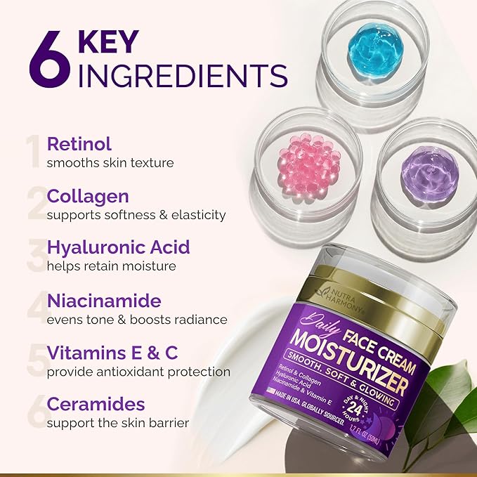 Face Moisturizer - Day & Night Face Cream - Collagen | Retinol | Hyaluronic Acid | Ceramides - Smooth, Soft & Glowing Skin - DD Cream for Women & Men - Dermatologically Tested - Made in USA 1.7 FL OZ