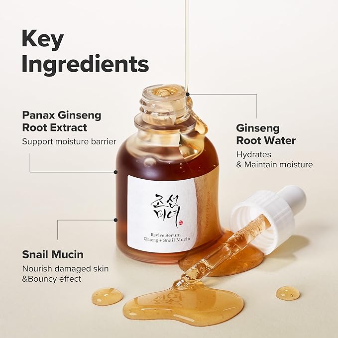 Beauty of Joseon Revive Snail Mucin Ginseng Serum Hydrating Peptide Facial Moisturizer Dark Spot Acne Scar Remover for Sensitive Face. Korean Skin Care for Men and Women, 30ml, 1fl. Oz