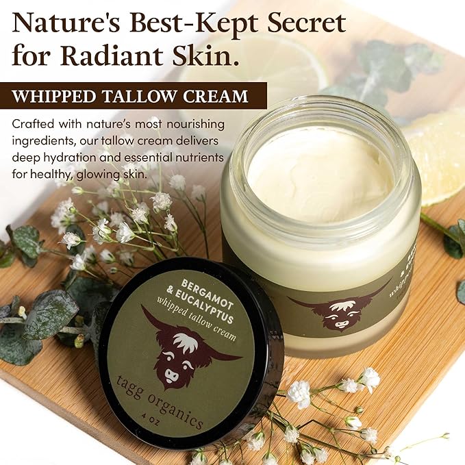 Whipped Tallow Cream for Skin - 100% Organic & Chemical-Free - Deep, Long-Lasting Hydration & Nourishment for Dry & Sensitive Skin (Bergamot/Eucalyptus 4oz)