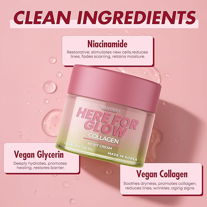 Collagen Night Cream - Dermatologist Tested, Korean Skin Care, Anti-Aging - Hydrating Moisturizer, Retains Moisture - Vegan, Non- GMO, Clean Beauty, 95% Natural - 1.69 Fl Oz
