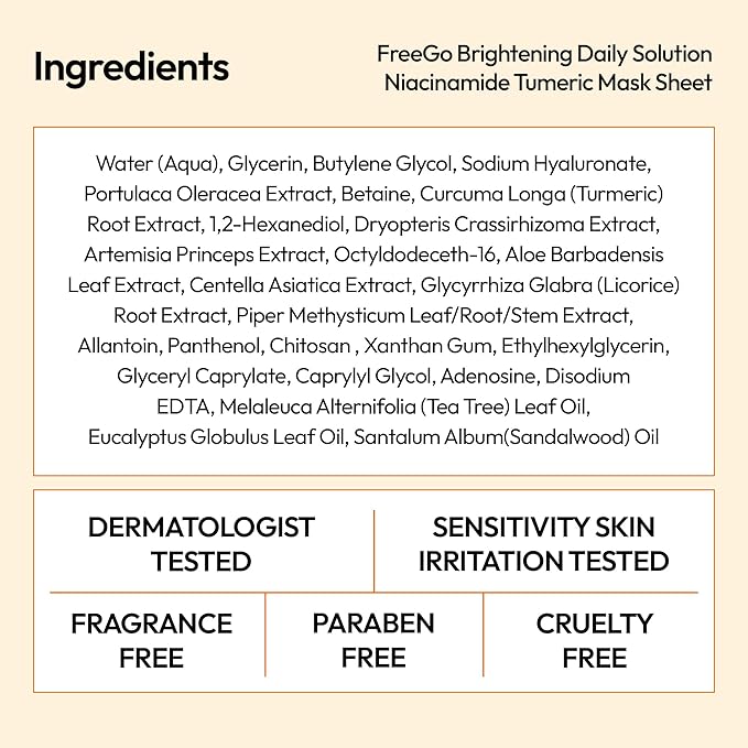 FreeGo Brightening Daily Solution Niacinamide Turmeric Facial Mask Sheet (6-Pack) | K-Beauty Skincare to Glowy Glass Skin
