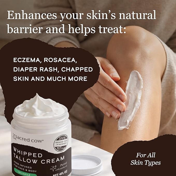 SACRED COW 100% Pure Organic Grass Fed Beef Tallow for Skin Care, Face Moisturizer, Body Butter, Hand Cream - Natural Whipped Tallow & Honey Balm Lotion Cream - Made in the USA - 4oz (UNSCENTED)