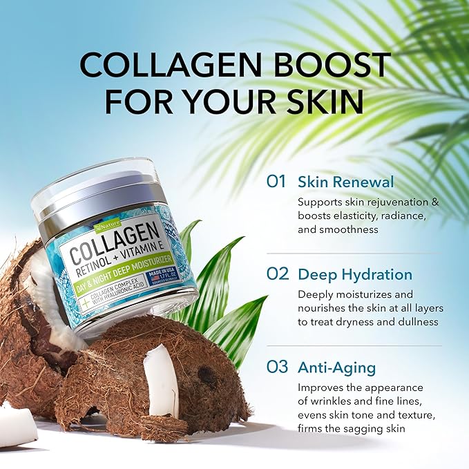 Collagen Cream for Face with Retinol & Hyaluronic Acid - Face Moisturizer for Women & Men - Skin Tightening & Firming - Anti Aging Daily Face Moisturizer in an Airless Pump - Intense Hydration - 1.7oz