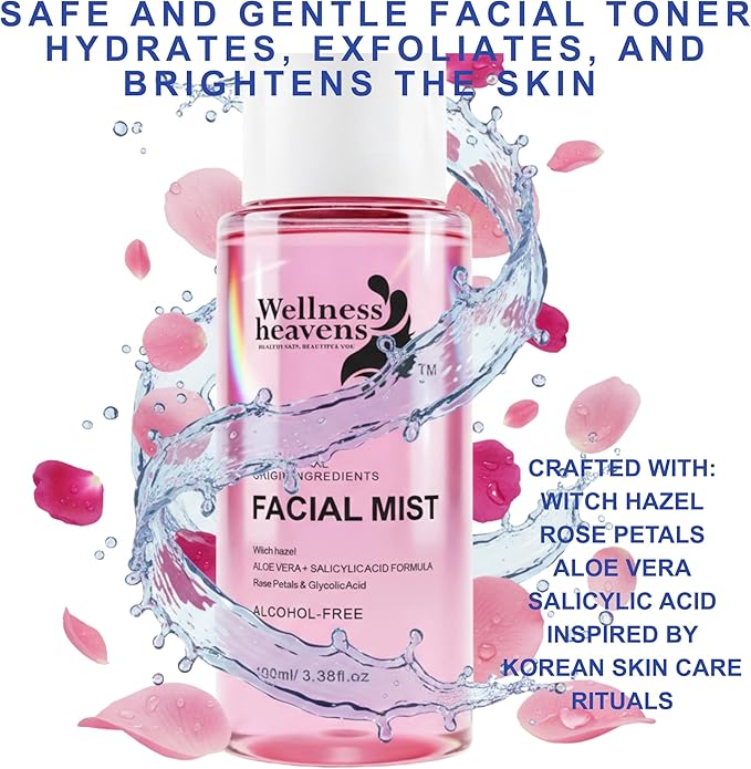 Witch Hazel Toner, Hydrating, Refreshing Face Mist, Rose Water with Salicylic, & Glycolic Acid, Zero Pore Cleanser, Removes Makeup, Dirt, Oil, Fades Dark Spots & Minimizes Pores, Alcohol-Free, 100 ml