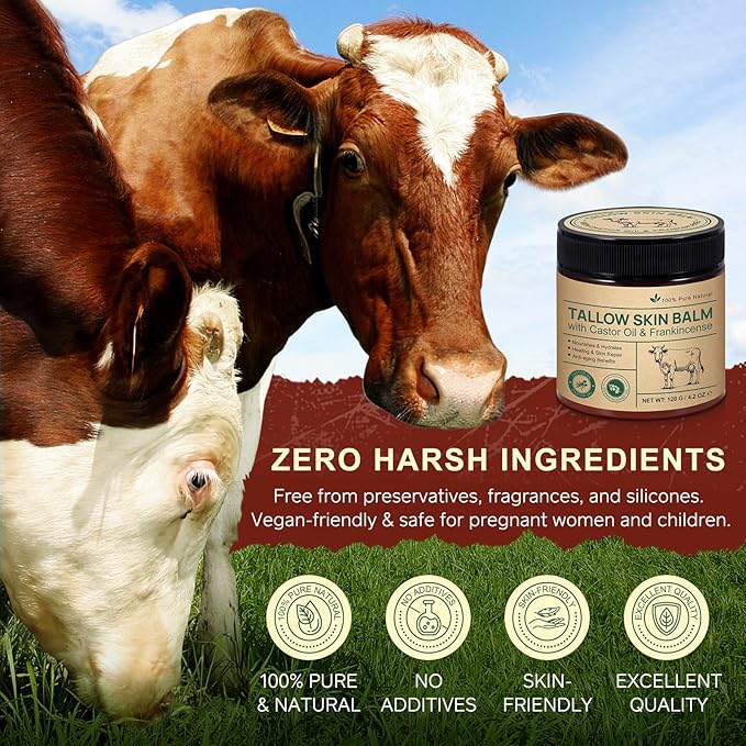 2 Pack Handmade Beef Tallow with Frankincense and Castor Oil Face Balm, 100% Grass-Fed Tallow for Skin Care, Face & Body Moisturizer for Sensitive Skin & Dry Skin Age Defying, Natural Lotion