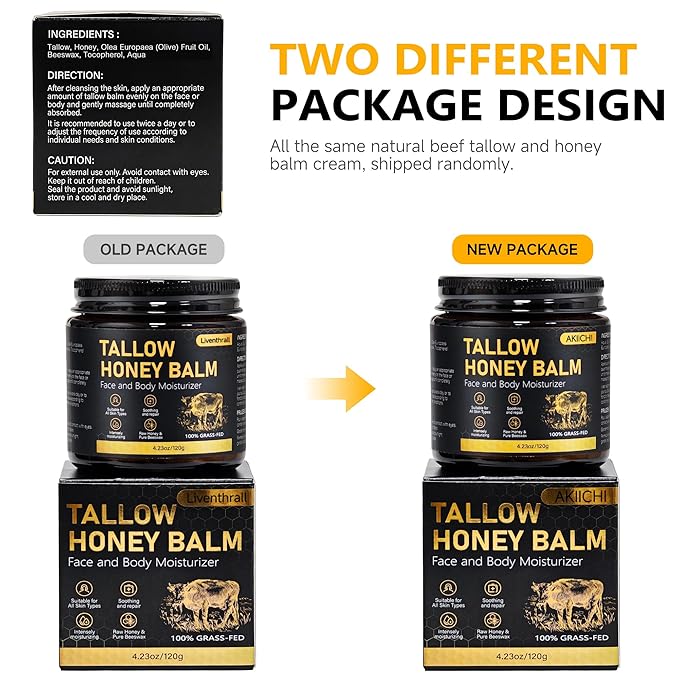 Organic Beef Tallow Honey Balm for Skin & Face, Whipped Beef Tallow Face Moisturizer with Raw Honey, Grass Fed Cow Beef Tallow Cream, All Natural Pure Body Lotion for Women & Men, Unscented 4.2 OZ