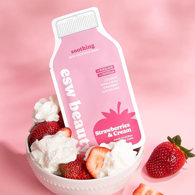 ESW Beauty Strawberries & Cream Sheet Mask - Raw Juice Hydrating Face Mask - Calming with Coconut, Vanilla Bean, Almond Milk & Strawberry for Sensitive Skin - Reduces Redness & Nourishes
