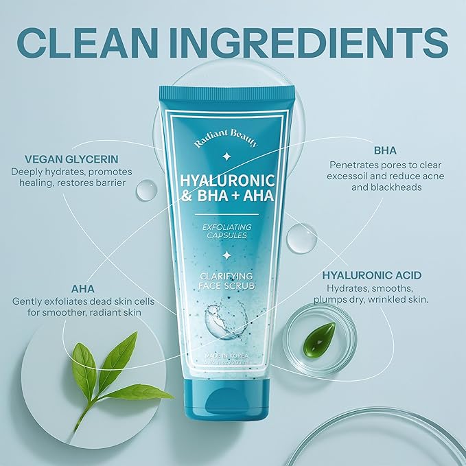 Exfoliating Face Scrub with Hyaluronic Acid & BHA + AHA - Dermatologist Tested, Anti Aging Korean Skin Care - Deeply Cleanses Pores & Smooths Texture - Vegan Clean Beauty - 6.76 Fl Oz