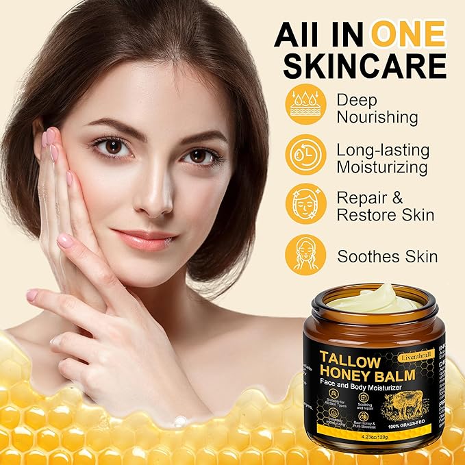 Organic Beef Tallow Honey Balm for Skin & Face, Whipped Beef Tallow Face Moisturizer with Raw Honey, Grass Fed Cow Beef Tallow Cream, All Natural Pure Body Lotion for Women & Men, Unscented 4.2 OZ