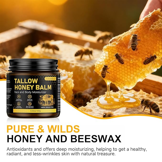 Organic Beef Tallow Honey Balm for Skin & Face, Whipped Beef Tallow Face Moisturizer with Raw Honey, Grass Fed Cow Beef Tallow Cream, All Natural Pure Body Lotion for Women & Men, Unscented 4.2 OZ