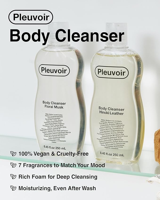 Pleuvoir Hinoki Leather Perfume Body Wash - French MANE × Japanese Cypress (Cedar & Musk), Unisex Woody Shower Gel, Rich Moisturizing Foam with 8 Types Hyaluronic Acid Ceramides, 8.45 fl.oz