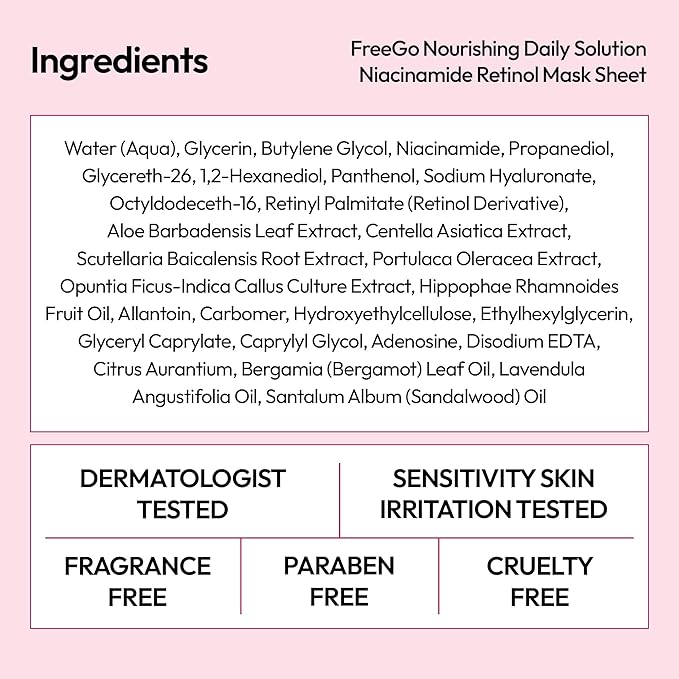 FreeGo Nourishing Daily Solution Niacinamide Retinol Facial Mask Sheet (6-Pack) | K-Beauty Korean Skincare to Bouncy Firm Skin
