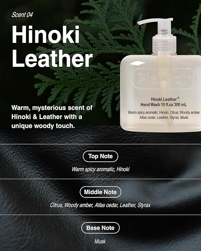 Pleuvoir Hinoki Leather: Hand Cream & Hand Wash Set | Japanese Cypress Cedar Musk Woody Scent | Non-Sticky Hydrating Vegan K-Beauty | 1oz + 10 fl.oz